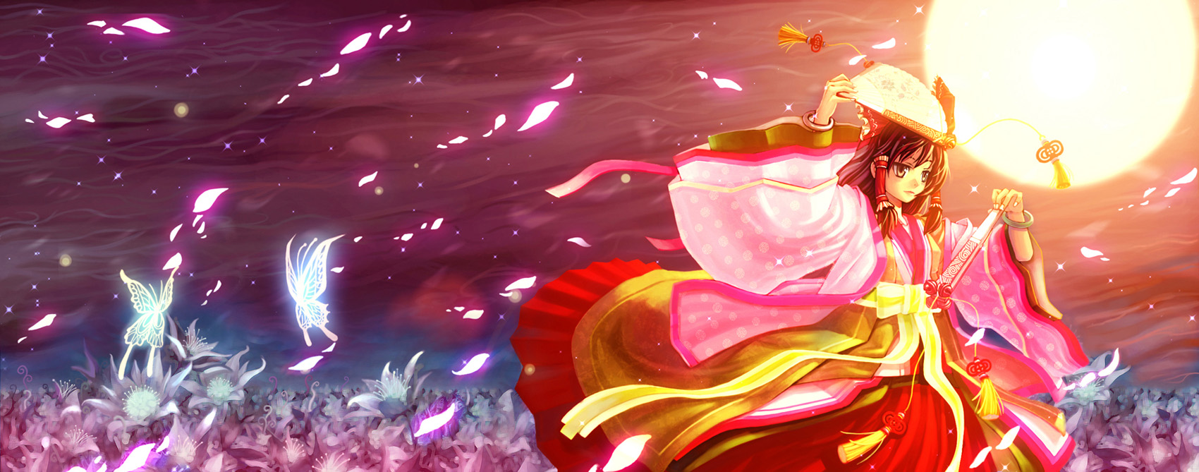 hakurei reimu, touhou, highres, 1girl, alternate costume, bow, brown eyes, brown hair, bug, butterfly, female focus, field, flower, flower field, full moon, hair bow, hair tubes, japanese clothes, long sleeves, moon, night, night sky, outdoors, red bow, sash, sky, solo, wide sleeves