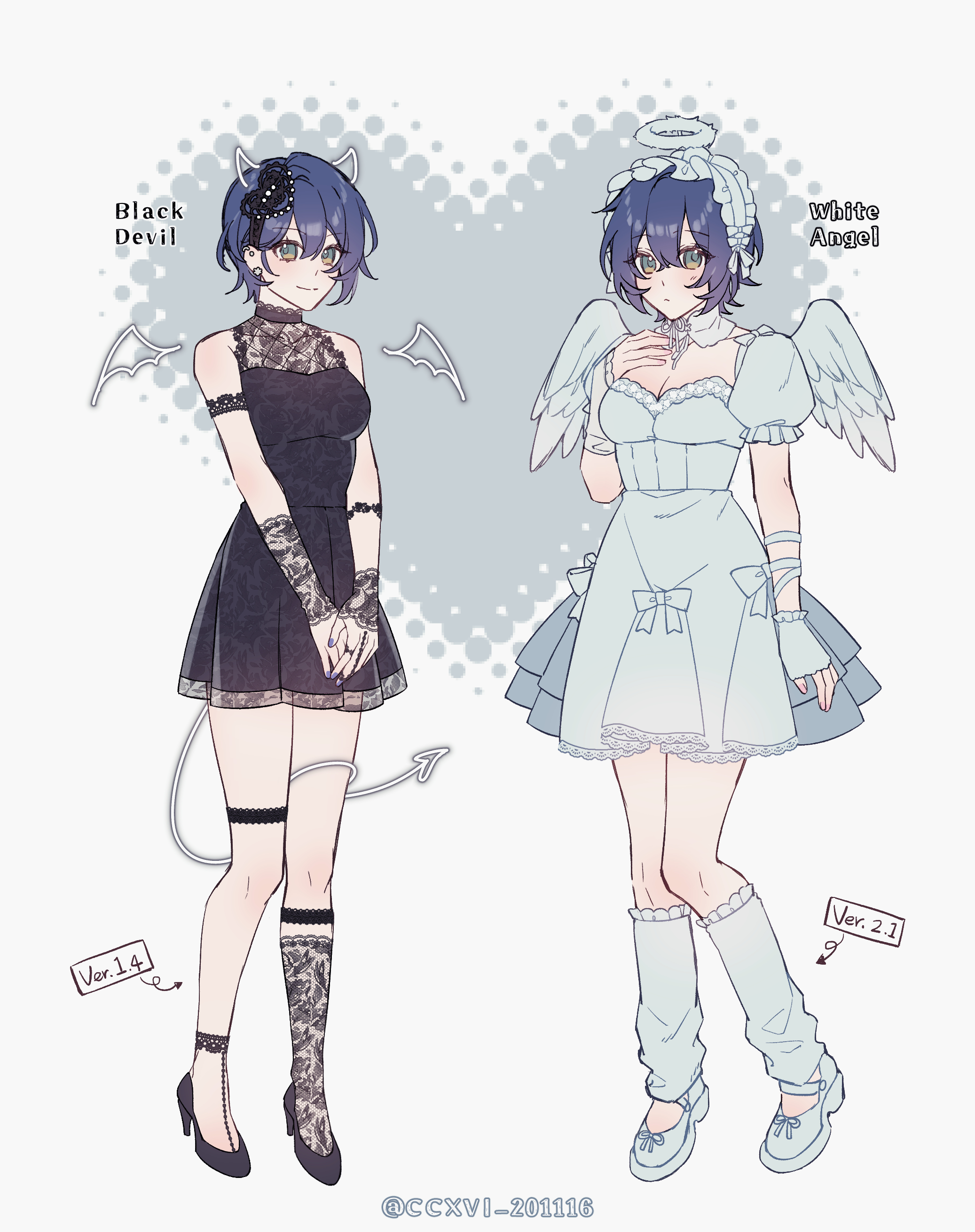 ccxvi 201116, belle (zenless zone zero), zenless zone zero, absurdres, highres, 2girls, asymmetrical legwear, bat wings, black dress, blue hair, bow, breasts, cleavage, cleavage cutout, clothing cutout, demon horns, demon tail, dress, fake halo, fake wings, green eyes, halo, high heels, horns, multiple girls, official alternate costume, tail, white bow, white dress, wings