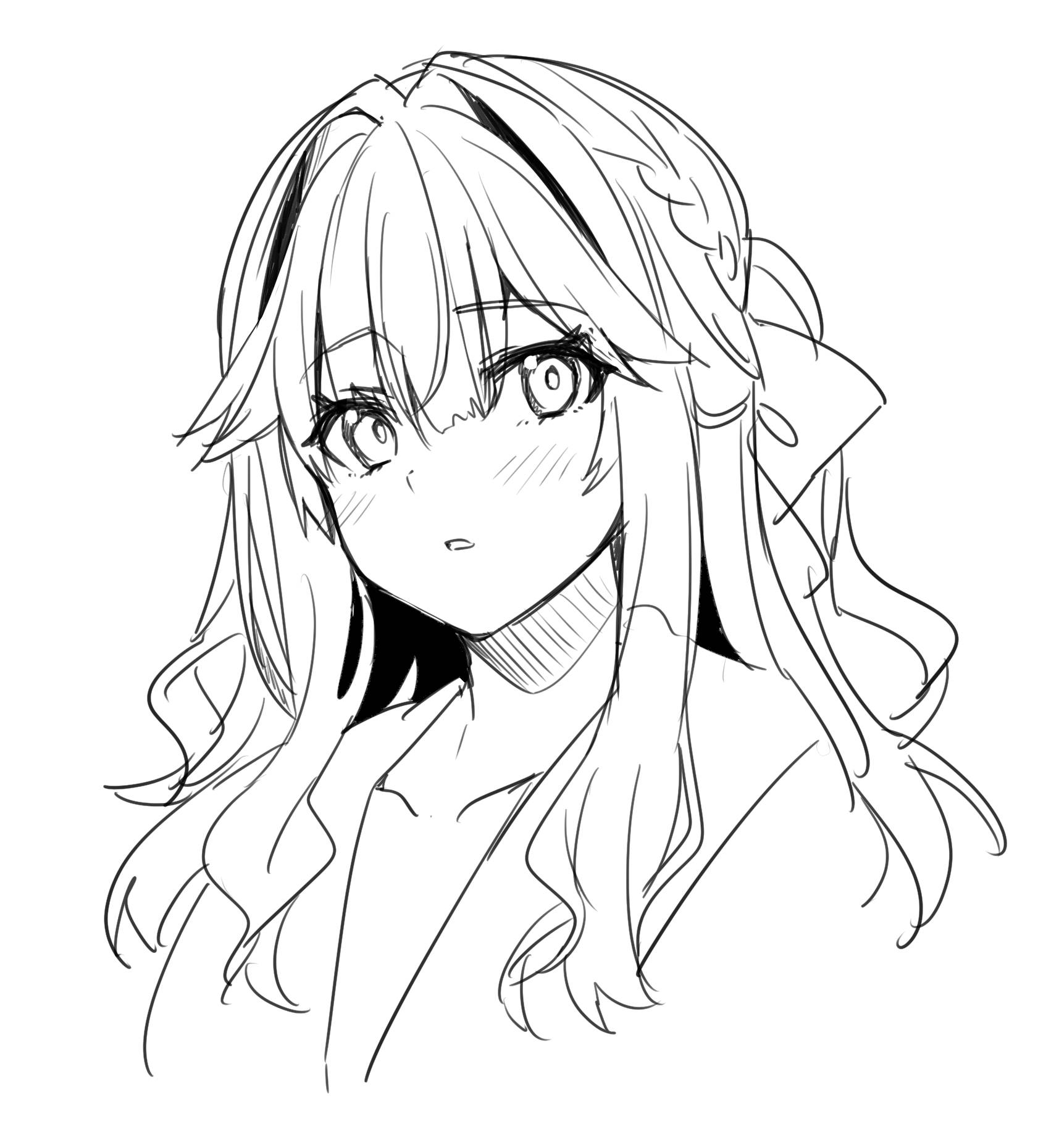unasaka ryou, original, highres, 1girl, blush, bow, braid, collarbone, greyscale, hair bow, hair ornament, long hair, looking at viewer, monochrome, shirt, simple background, solo, upper body, white background