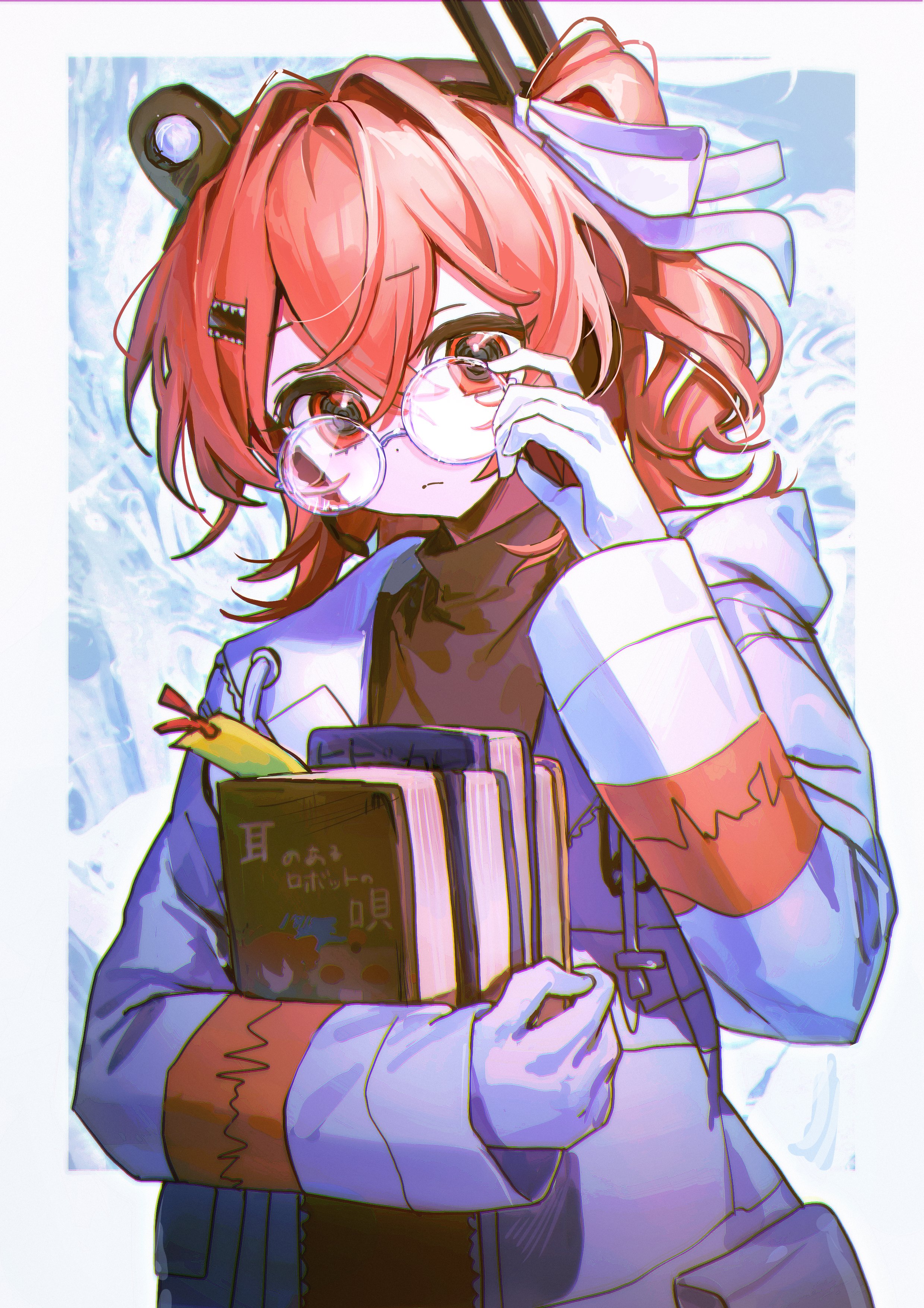 yuuri (0914yuuri k), adachi rei, a.i. voice, utau, absurdres, highres, 1girl, adjusting eyewear, black shirt, book, closed mouth, gloves, hair between eyes, hair ornament, hair ribbon, headlamp, holding, holding book, jacket, long sleeves, looking at viewer, medium hair, one side up, open clothes, open jacket, orange eyes, orange hair, ribbon, round eyewear, shirt, solo, white gloves, white jacket, white ribbon