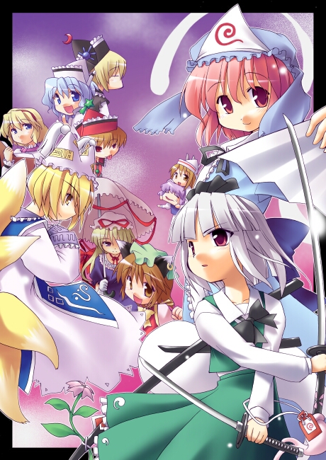 toto nemigi, alice margatroid, chen, konpaku youmu, konpaku youmu (ghost), lily white, lunasa prismriver, lyrica prismriver, merlin prismriver, saigyouji yuyuko, yakumo ran, yakumo yukari, perfect cherry blossom, touhou, silver hair, 6+girls, :d, animal hat, blonde hair, dress, dual wielding, everyone, female focus, floating, ghost, hat, hitodama, holding, holding sword, holding weapon, katana, long hair, long sleeves, looking at viewer, mob cap, multiple girls, open mouth, pink hair, purple eyes, sheath, short hair, short sleeves, smile, sword, tabard, unsheathed, weapon, white dress