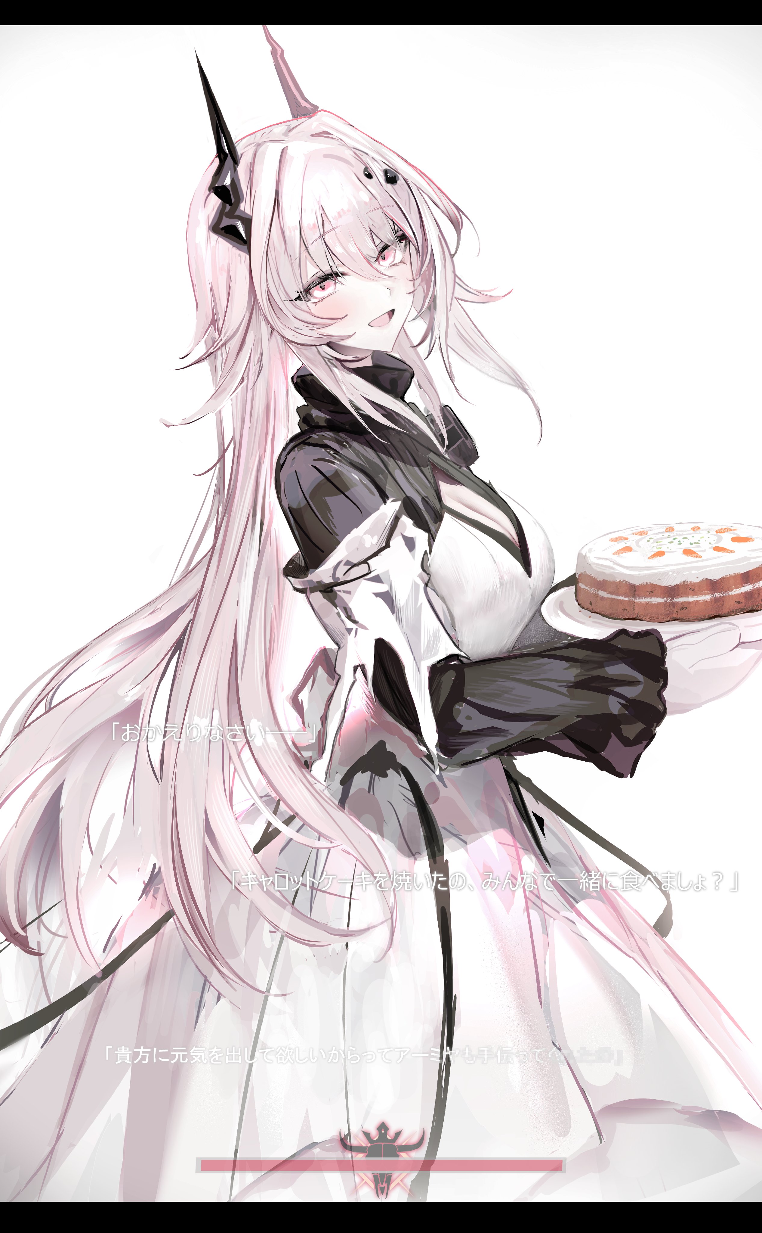 neko no youchuu, theresa (arknights), arknights, absurdres, highres, 1girl, black horns, breasts, cake, cleavage, cleavage cutout, clothing cutout, cowboy shot, dress, food, gloves, holding, holding cake, holding food, horns, large breasts, long hair, looking at viewer, open mouth, pink eyes, pink hair, simple background, smile, solo, white background, white dress, white gloves