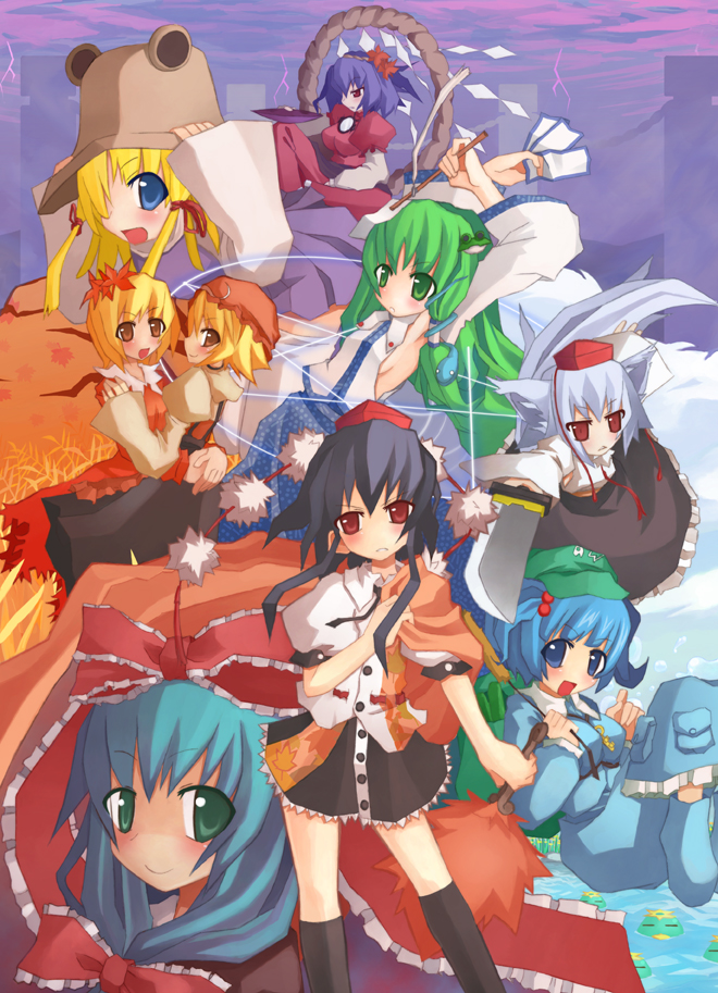 arashiya, aki minoriko, aki shizuha, inubashiri momiji, kagiyama hina, kawashiro nitori, kochiya sanae, moriya suwako, shameimaru aya, yasaka kanako, mountain of faith, touhou, silver hair, bad id, bad pixiv id, 6+girls, animal ears, aqua hair, armpits, backpack, bag, black hair, blonde hair, blue eyes, blue hair, blush, bow, breasts, brown eyes, cape, cloud, cup, detached sleeves, female focus, front ponytail, gohei, green eyes, green hair, hair bobbles, hair bow, hair ornament, hair ribbon, hand fan, hat, hug, key, leaf, leaf on head, lightning, long hair, long sleeves, magic circle, maple leaf, medium breasts, multiple girls, object on head, one eye closed, open mouth, outdoors, pentagram, puffy sleeves, red eyes, ribbon, rope, sakazuki, shimenawa, short hair, siblings, sideboob, sisters, sky, smile, snake hair ornament, standing, star (symbol), sword, tail, tokin hat, twintails, two side up, weapon, wide sleeves, wink, wolf ears, wolf tail
