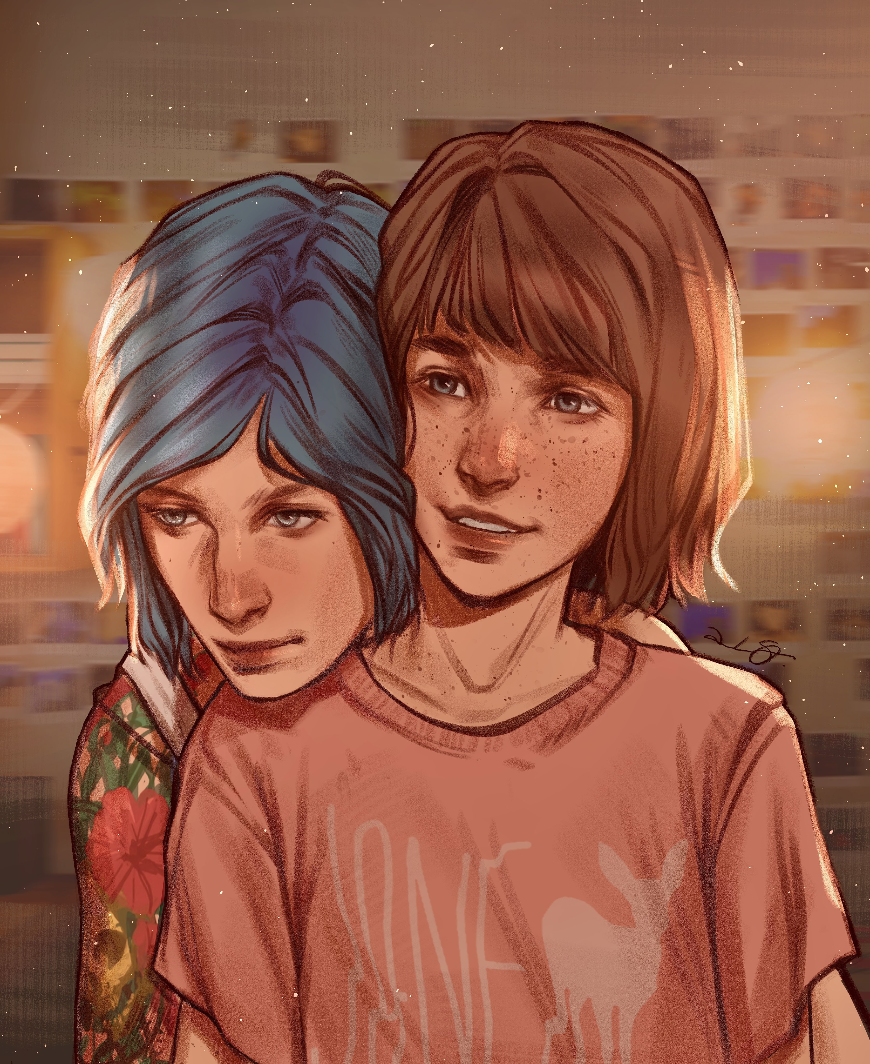chloe price, max caulfield, life is strange (series), life is strange 1, absurdres, highres, 2girls, arm tattoo, blue eyes, blue hair, brown eyes, brown hair, indoors, kenoastral, multiple girls, pink shirt, shirt, short sleeves, tattoo, upper body, yuri