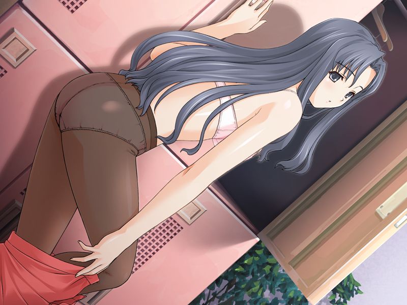 nekonyan, sugisawa ema, parfait chocolat second brew, game cg, 1girl, ass, black hair, blue eyes, blue hair, bra, crotch seam, dutch angle, female focus, lingerie, locker, locker room, long hair, matching hair/eyes, panties, panties under pantyhose, pantyhose, solo, underwear, underwear only, undressing