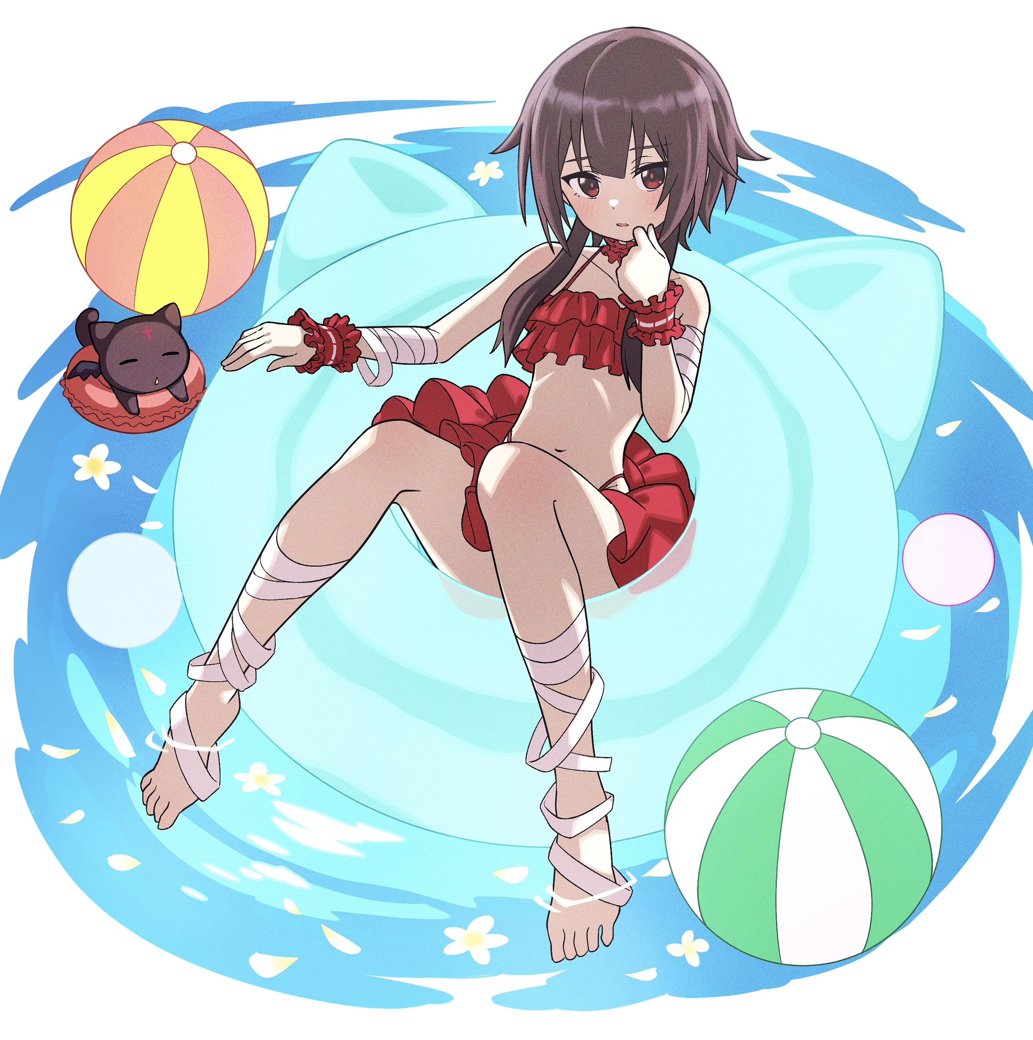 cachi lo, chomusuke, megumin, kono subarashii sekai ni shukufuku wo!, highres, 1girl, ball, bandaged arm, bandaged leg, bandages, barefoot, beachball, bikini, brown hair, frilled bikini, frilled wrist cuffs, frills, full body, looking at viewer, parted lips, red bikini, red eyes, red wrist cuffs, short hair with long locks, sidelocks, sitting, solo, swim ring, swimsuit, toes, wrist cuffs
