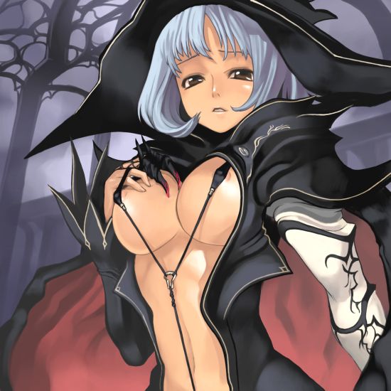 nagi ryou, source request, 1girl, bikini, blue hair, breasts, brown eyes, cape, cleavage, female focus, hat, large breasts, micro bikini, nipple slip, nipples, short hair, solo, swimsuit, witch