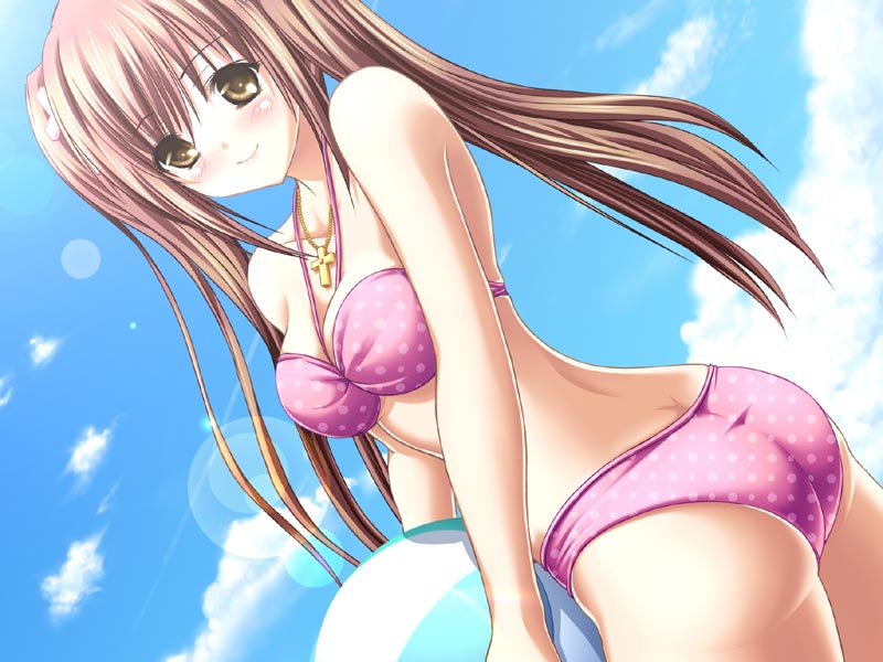 aikawa daisei, sakurano suzuha, school love!, game cg, 1girl, ball, bandeau bikini, beachball, bikini, brown hair, cross, day, female focus, jewelry, latin cross, long hair, necklace, pink bikini, polka dot, polka dot bikini, short twintails, sky, solo, summer, swimsuit, twintails