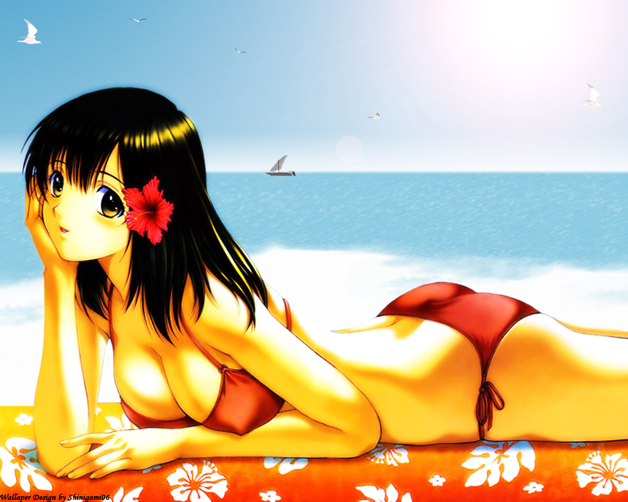 yoshizane akihiro, toujou aya, ichigo 100%, third-party edit, 00s, 1girl, ass, back, beach, bikini, black hair, blush, boat, breasts, day, female focus, flower, hair flower, hair ornament, hibiscus, large breasts, lying, on stomach, outdoors, red bikini, side-tie bikini bottom, sky, smile, solo, swimsuit, towel, water, watercraft, yellow eyes