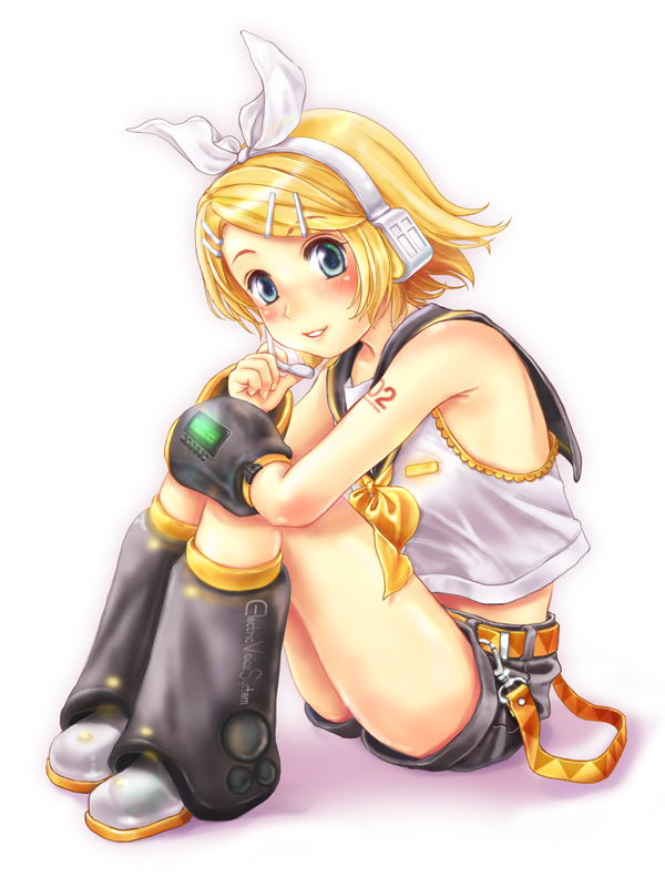 simon (kappa no kawanagare), kagamine rin, vocaloid, 1girl, belt, blonde hair, blush, bow, female focus, hair bow, hair ornament, hairclip, leg warmers, short hair, sitting, solo