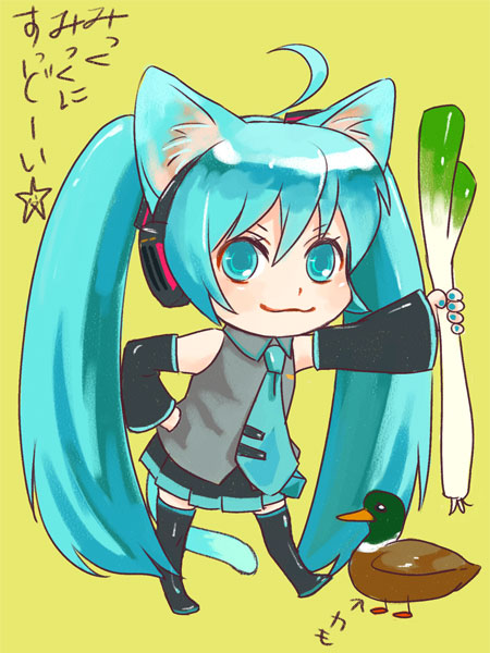 karakuri chouchou, koaki, hatsune miku, vocaloid, 1girl, animal ears, aqua hair, cat ears, chibi, female focus, long hair, solo, spring onion, thighhighs, twintails, very long hair