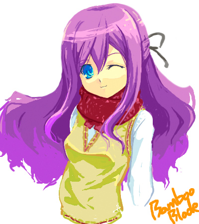 miyazaki miyako, bamboo blade, lowres, 00s, 1girl, female focus, half updo, oekaki, scarf, school uniform, serafuku, solo, sweater vest, vest