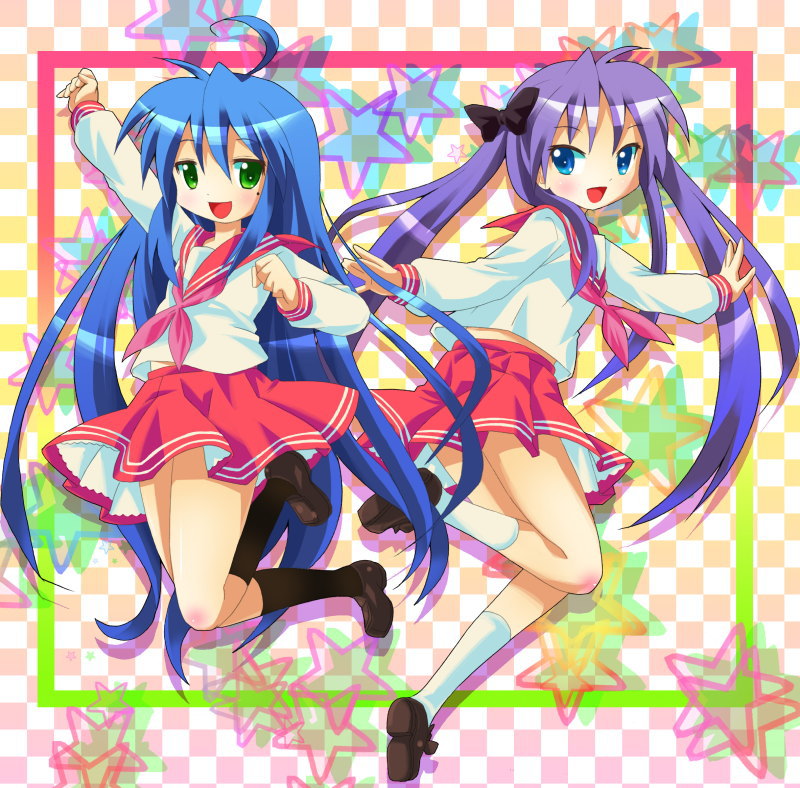 michii yuuki, hiiragi kagami, izumi konata, lucky star, white legwear, 00s, 2girls, :d, arm up, black socks, blue hair, full body, jumping, kneehighs, loafers, long sleeves, mole, mole under eye, multiple girls, neckerchief, open mouth, pink hair, pink neckerchief, sailor collar, school uniform, serafuku, shirt, shoes, smile, socks, star (symbol), white shirt
