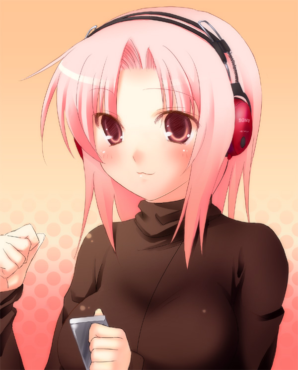 47agdragon, original, beige background, 1girl, blush, cable, digital media player, female focus, headphones, long sleeves, looking at viewer, pink hair, red eyes, short hair, simple background, solo, upper body