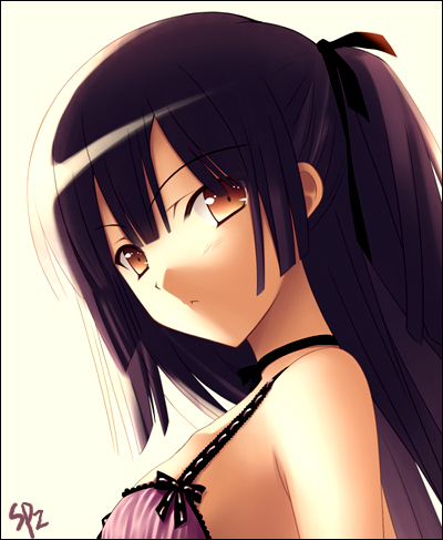 zinno, original, lowres, 1girl, :<, black hair, brown eyes, collar, female focus, long hair, ribbon, solo