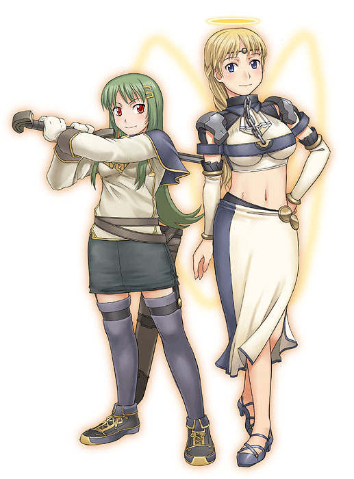 original, blonde hair, blue eyes, detached sleeves, fantasy, green hair, midriff, red eyes, short hair, sword, thighhighs, weapon, zettai ryouiki