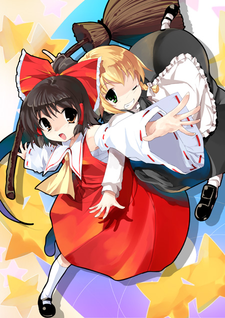 takatsuki tsukasa, hakurei reimu, kirisame marisa, touhou, black footwear, white legwear, 2girls, apron, ascot, black eyes, black hair, black skirt, blonde hair, bow, broom, detached sleeves, female focus, full body, green eyes, grin, hair bow, hair tubes, kneehighs, long sleeves, looking at viewer, mary janes, multiple girls, one eye closed, open mouth, outstretched arms, red bow, red ribbon, red skirt, ribbon, ribbon-trimmed sleeves, ribbon trim, sarashi, shoes, skirt, skirt set, sleeveless, smile, socks, star (symbol), teeth, vest, wide sleeves