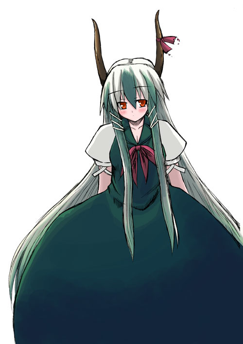 kurousou, ex-keine, kamishirasawa keine, touhou, 1girl, dress, female focus, horn ornament, horn ribbon, horns, ribbon, simple background, solo, white background