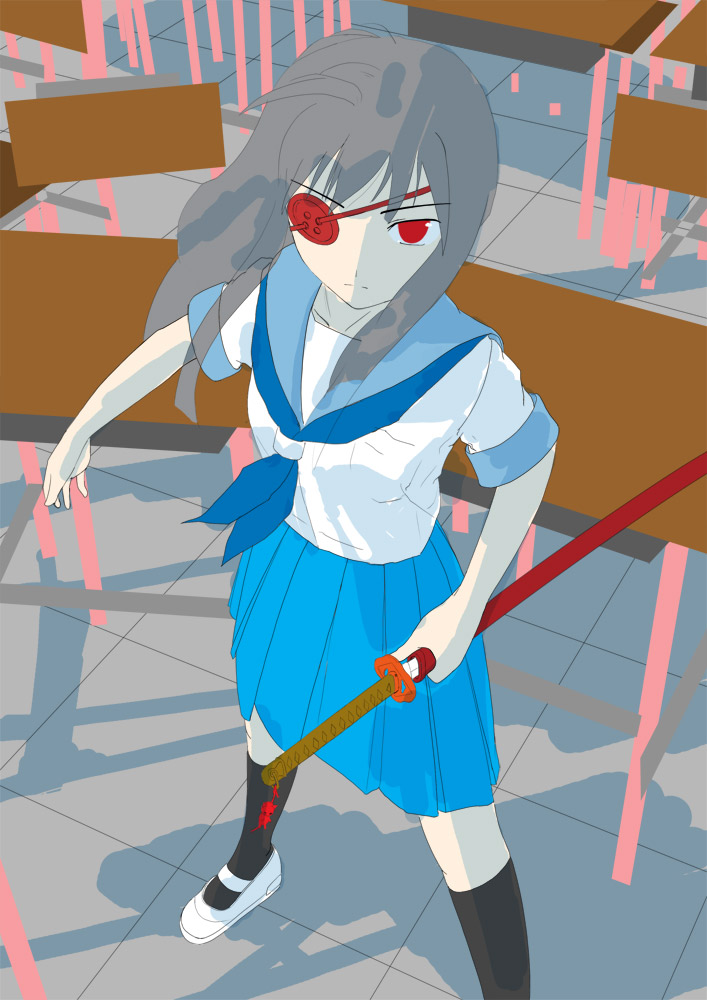 nekokan, original, eyepatch, katana, red eyes, school uniform, serafuku, shoes, solo, sword, uwabaki, weapon, white shoes