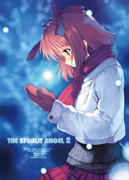 ueda ryou, amami haruka, idolmaster, idolmaster (classic), idolmaster 1, 00s, 1girl, blush, coat, female focus, from side, light particles, mittens, outdoors, plaid clothes, plaid skirt, profile, red scarf, scarf, skirt, snow, snowing, solo, sweater, winter, winter clothes