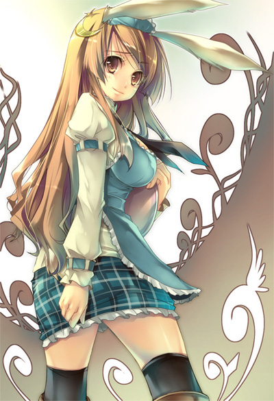 ta kaana, original, 1girl, animal ears, breasts, brown eyes, brown hair, female focus, large breasts, rabbit ears, solo, thighhighs, waitress, zettai ryouiki
