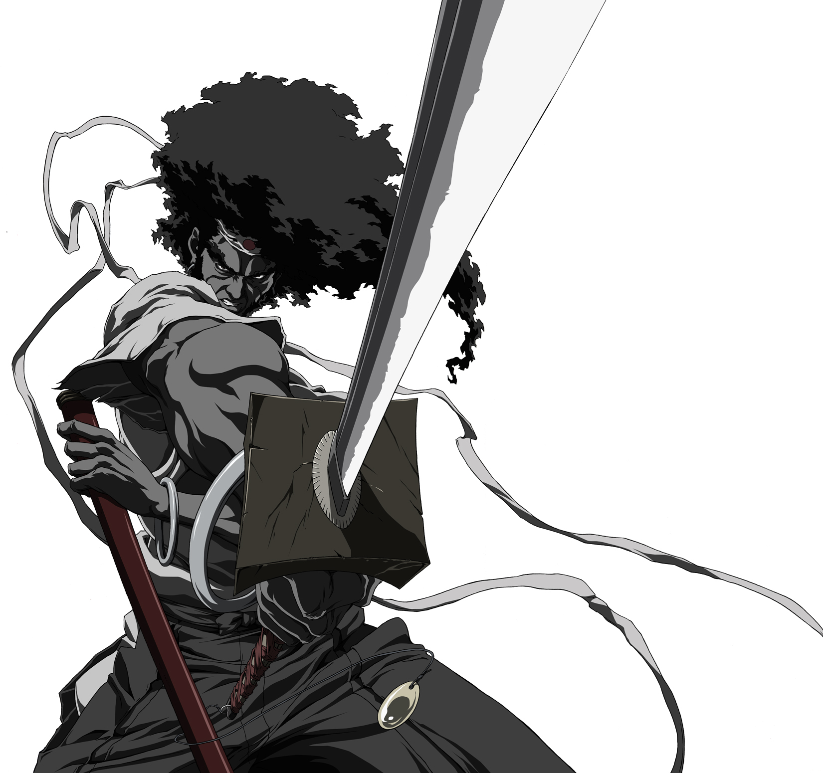 takashi okazaki, afro samurai (character), afro samurai, highres, official art, 1boy, afro, katana, male focus, solo, sword, weapon