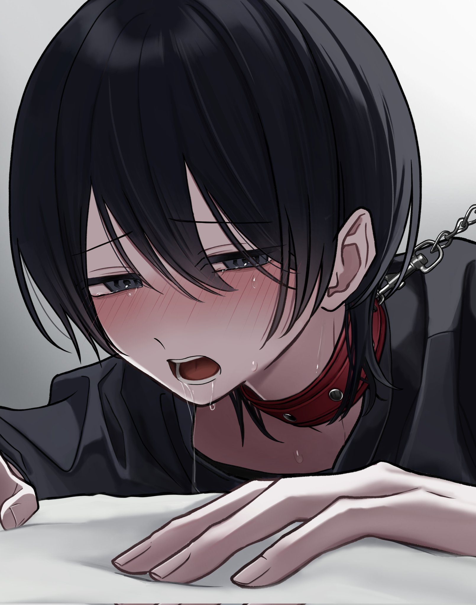 original, highres, 1boy, arata20250328, black eyes, black hair, black shirt, blush, chain, chain leash, collar, crying, crying with eyes open, double-parted bangs, drooling, fingernails, hair between eyes, leash, looking at viewer, male focus, open mouth, raised inner eyebrows, red collar, saliva, shirt, short hair, simple background, solo, sweat, tears, tongue, upper body, white background