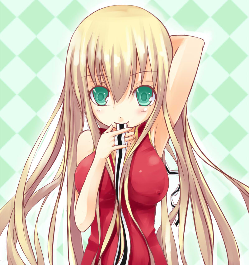 kuro (be ok), original, 1girl, blonde hair, breasts, female focus, green eyes, long hair, mouth hold, ribbon, solo