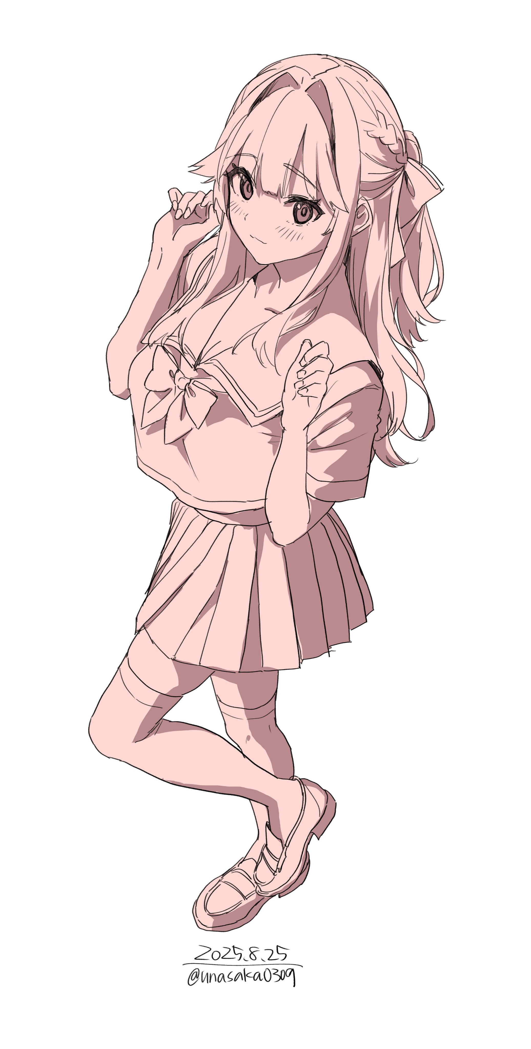 unasaka ryou, original, absurdres, highres, 1girl, bow, braid, breasts, cleavage, closed mouth, collarbone, hair bow, hair ornament, long hair, looking at viewer, medium breasts, monochrome, pleated skirt, sailor collar, school uniform, shirt, shoes, short sleeves, simple background, skirt, smile, solo, thighhighs, white background