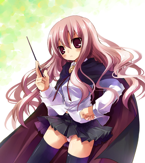 suzushiro kurumi, louise francoise le blanc de la valliere, zero no tsukaima, 00s, 1girl, cape, female focus, panties, pantyshot, pentacle, pink hair, solo, thighhighs, underwear, zettai ryouiki