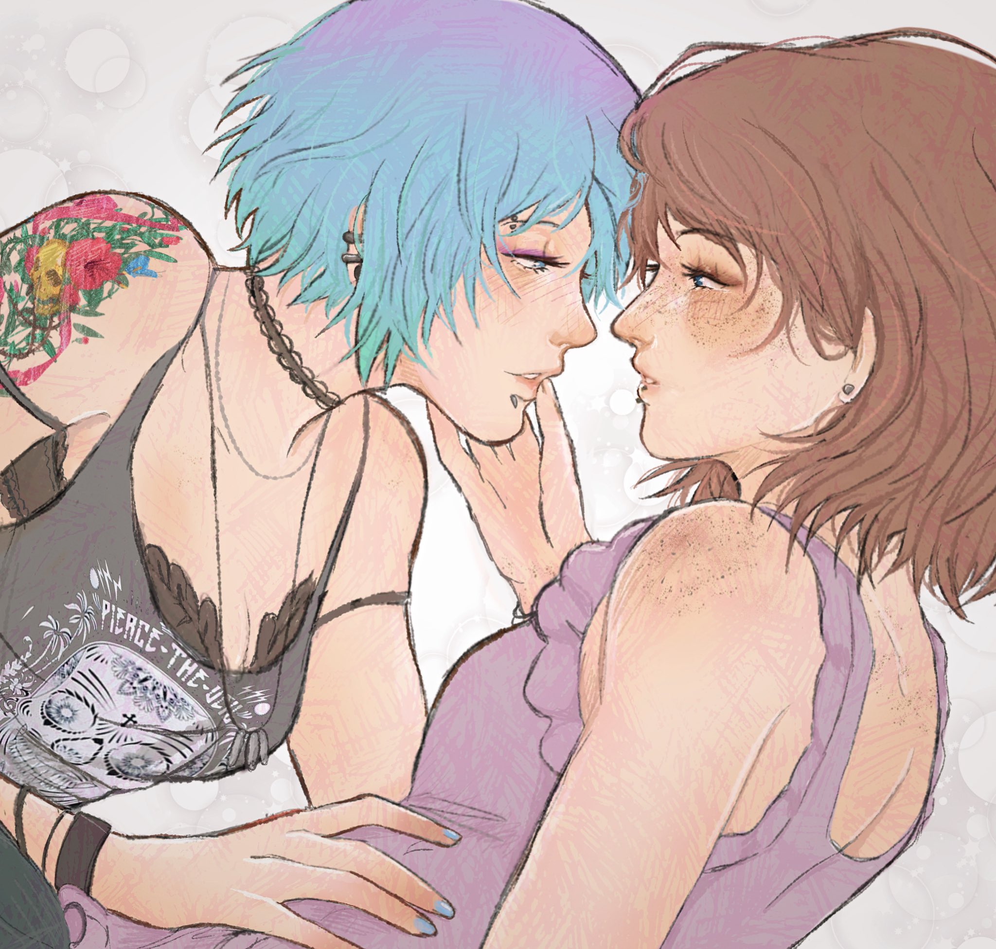 chloe price, max caulfield, life is strange (series), life is strange 1, highres, 2girls, arm tattoo, black bra, black choker, black tank top, blue hair, blue nails, bra, bra peek, brown hair, ch3m1calm3m0r13, choker, freckles, grey background, lace, lace choker, looking at another, multiple girls, purple shirt, shirt, short hair, sleeveless, sleeveless shirt, tank top, tattoo, underwear, yuri
