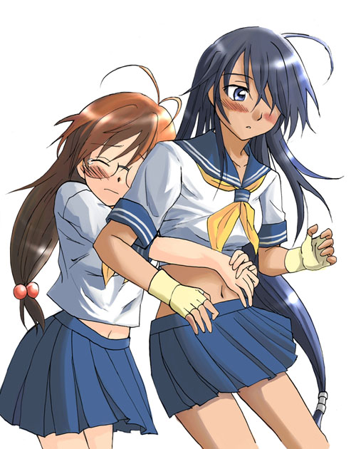 niina ryou, kan'u unchou, ryuubi gentoku, ikkitousen, 00s, 2girls, ahoge, blue eyes, blue hair, blush, brown hair, closed eyes, fingerless gloves, glasses, gloves, hair bobbles, hair ornament, hair over one eye, hug, hug from behind, long hair, low-tied long hair, midriff, multiple girls, navel, school uniform, serafuku, skirt, tears, very long hair