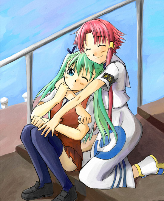 niina ryou, alice carroll, mizunashi akari, aria (manga), 00s, blue eyes, green hair, legs, pink hair, thighhighs, twintails