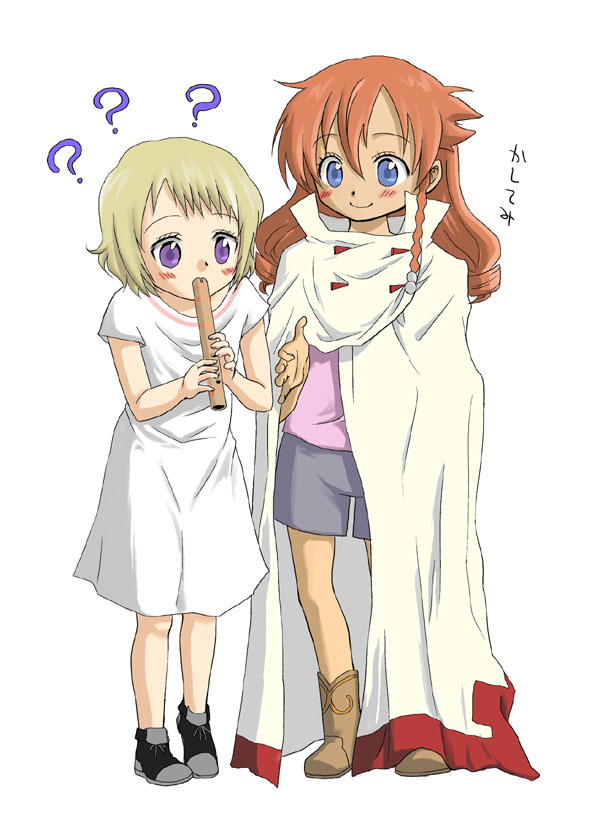 niina ryou, ellis, ellis (el cazador de la bruja), nadie, el cazador de la bruja, 00s, 2girls, asymmetrical hair, blonde hair, brown hair, flute, hair ornament, instrument, long hair, multiple girls, shakuhachi, shorts, smile