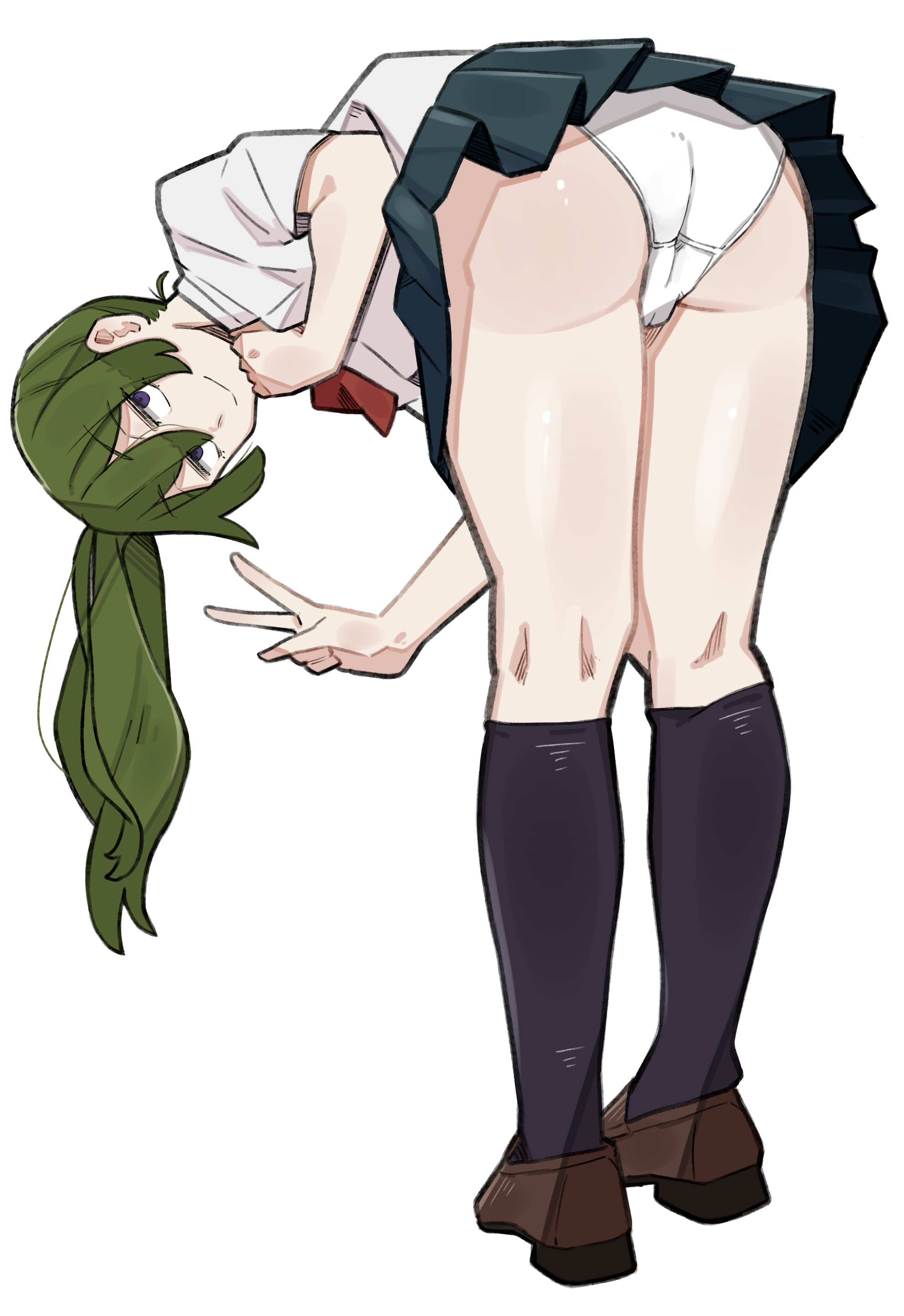 sattinittas, ubel (sousou no frieren), sousou no frieren, absurdres, commentary, highres, symbol-only commentary, 1girl, ass, black socks, blue skirt, brown shoes, from behind, green hair, long hair, looking at viewer, panties, purple eyes, school uniform, serafuku, shoes, side ponytail, simple background, skirt, socks, solo, thighs, underwear, upskirt, v, white panties, white serafuku
