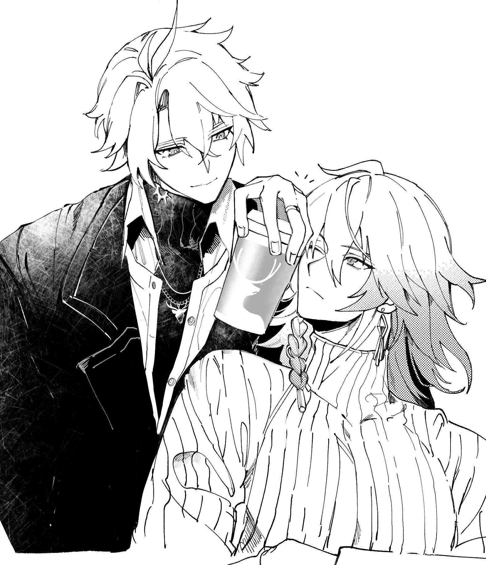 mydei (honkai: star rail), phainon (honkai: star rail), honkai: star rail, honkai (series), highres, 2boys, alternate costume, antenna hair, black sweater, blue eyes, braid, coat, crossed bangs, gradient hair, greyscale, hair between eyes, jewelry, male focus, medium hair, monochrome, multicolored hair, multiple boys, necklace, official alternate costume, one eye closed, open clothes, open coat, open shirt, parted bangs, phainon (luckin coffee) (honkai: star rail), shirt, short hair, simple background, single braid, sndayrobin, sweater, turtleneck, turtleneck sweater, upper body, white background, white shirt, white sweater, yellow pupils
