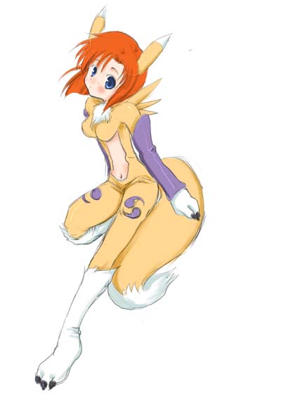renamon, ryuuguu rena, digimon, digimon tamers, higurashi no naku koro ni, artist request, 1girl, animal ears, animal hands, blue eyes, blush, claws, cosplay, female focus, furry, name connection, navel, orange hair, pun, renamon (cosplay), short hair, solo, tail