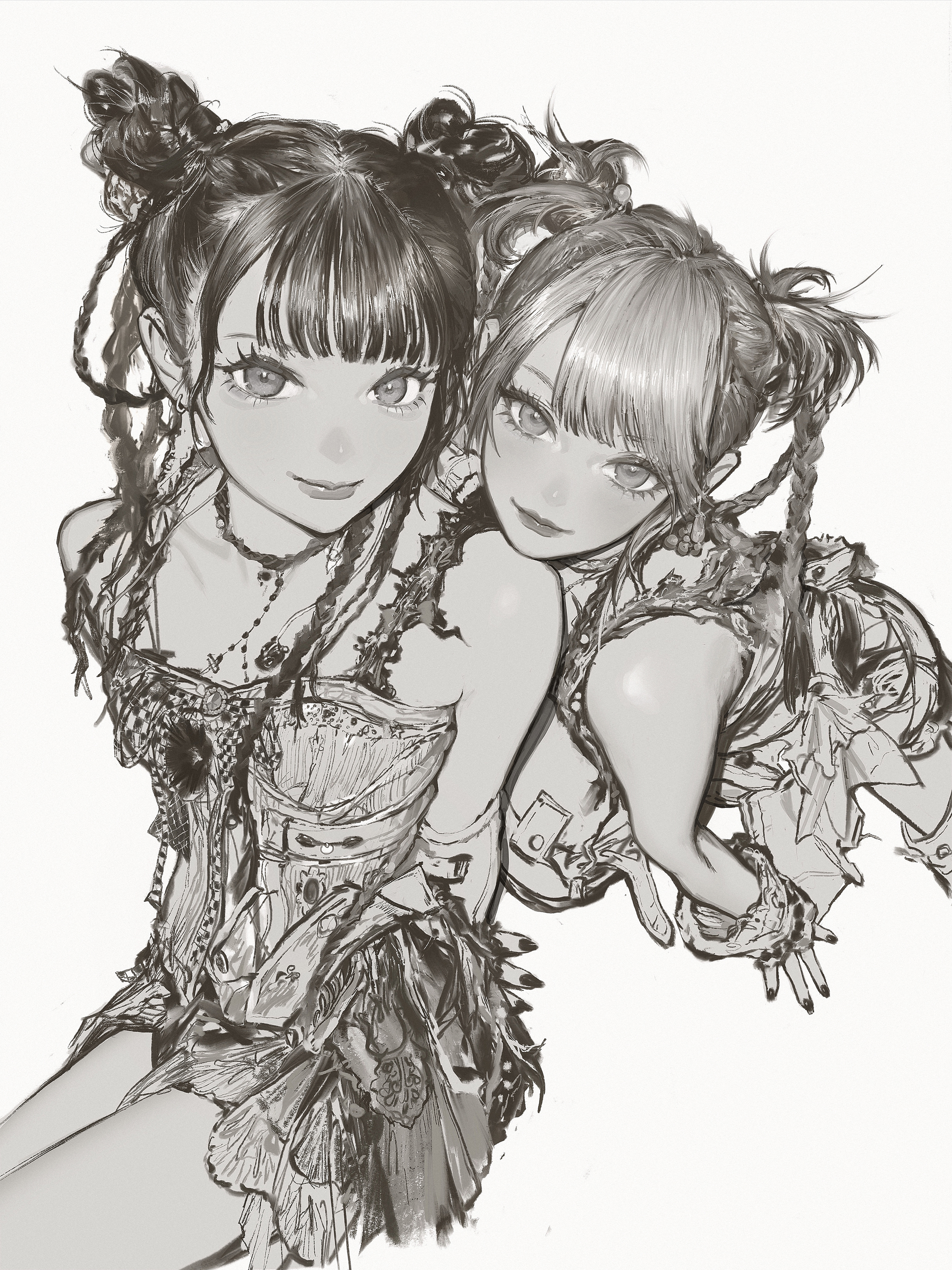 wang-xi, original, absurdres, commentary request, highres, 2girls, arm at side, braid, braided hair rings, choker, closed mouth, double bun, dress, earrings, eyelashes, fingernails, greyscale, hair bun, hair rings, jewelry, leaning forward, looking at viewer, monochrome, multiple girls, nail polish, parted bangs, short dress, simple background, sitting, sleeveless, sleeveless dress, smile, swept bangs, white background, wispy bangs
