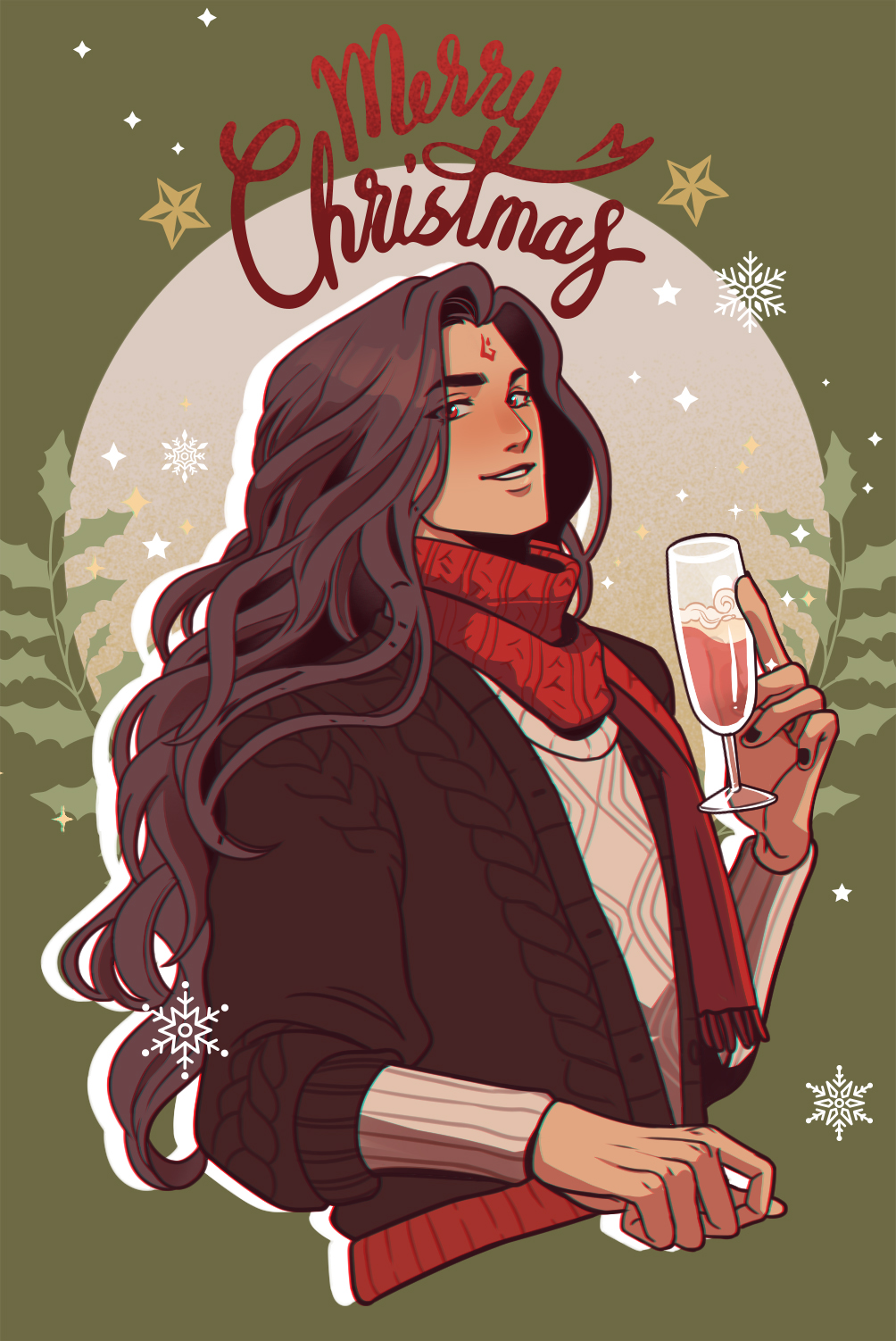 siliceb, luo binghe, zuiyin, renzha fanpai zijiu xitong, highres, 1boy, alcohol, alternate costume, black nails, brown cardigan, brown hair, cable knit, cardigan, casual, contemporary, cropped torso, cup, curled fingers, curtained hair, drinking glass, drop shadow, english text, facial mark, green background, holding, holding cup, holly, long hair, long sleeves, looking at viewer, male focus, merry christmas, parted lips, red eyes, red scarf, scarf, smile, snowflakes, solo, sparkle, star (symbol), sweater, tan, very long hair, wavy hair, white sweater, wine, wine glass