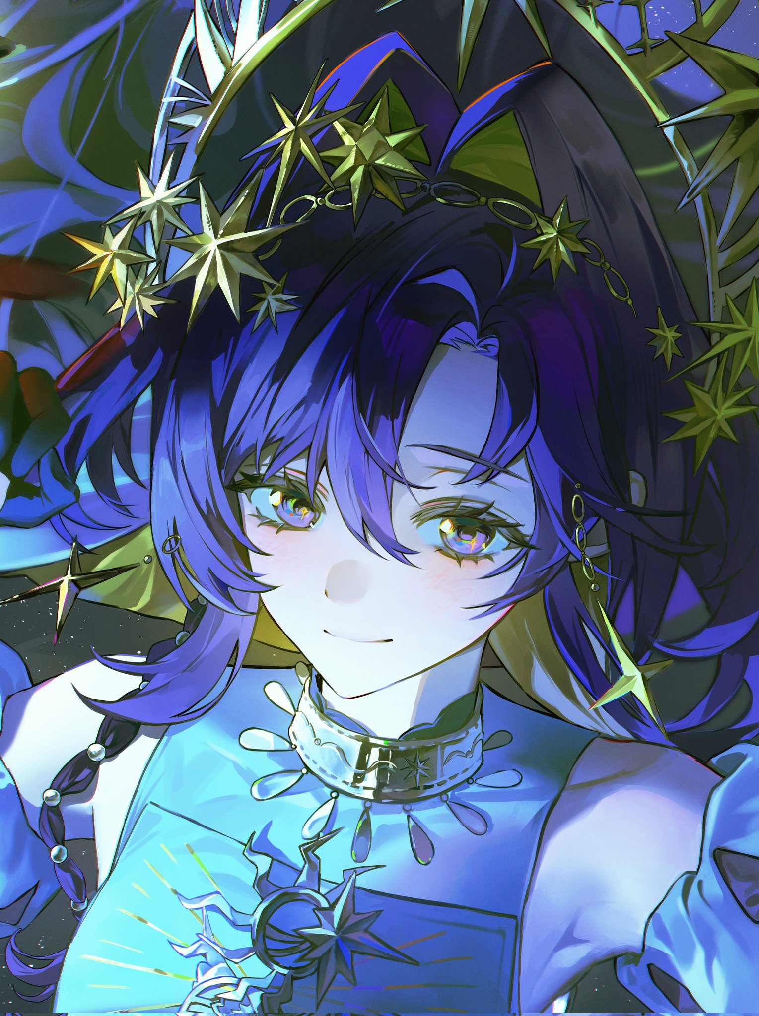 voyager (choir of the stars) (reverse:1999), voyager (reverse:1999), reverse:1999, cropped, highres, rotated, 1girl, baegi201, bare shoulders, blonde hair, blue eyes, blue hair, closed mouth, colored inner hair, detached sleeves, dress, hair intakes, hair ornament, long hair, looking at viewer, multicolored hair, official alternate costume, portrait, sleeveless, sleeveless dress, smile, solo, star (symbol), star hair ornament, white dress