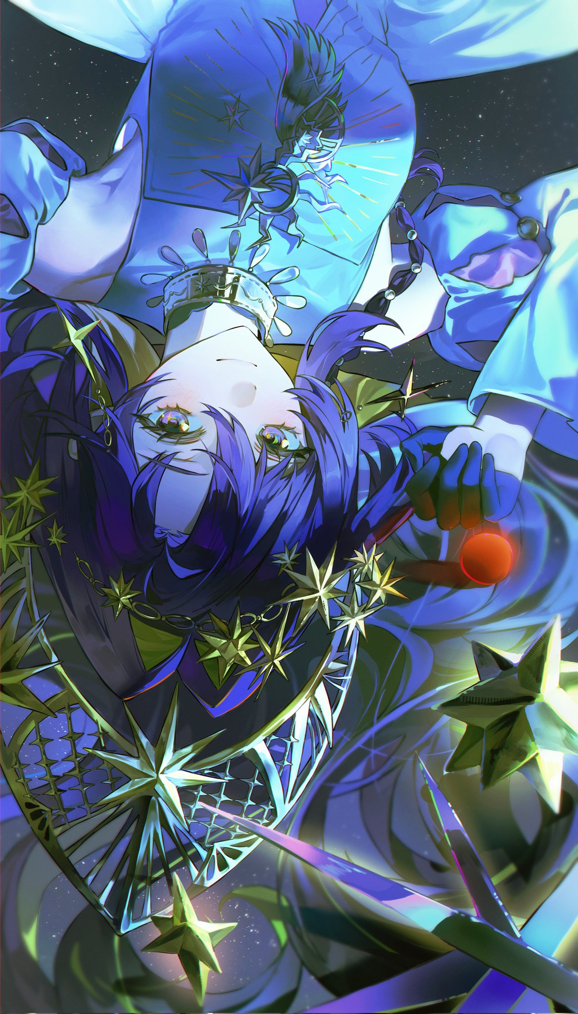 voyager (choir of the stars) (reverse:1999), voyager (reverse:1999), reverse:1999, highres, 1girl, baegi201, bare shoulders, black background, black gloves, blonde hair, blue eyes, blue hair, closed mouth, colored inner hair, detached sleeves, dress, gloves, hair intakes, hair ornament, hand up, long hair, looking at viewer, multicolored hair, official alternate costume, sleeveless, sleeveless dress, smile, solo, star (symbol), star hair ornament, stellated octahedron, upper body, upside-down, white dress