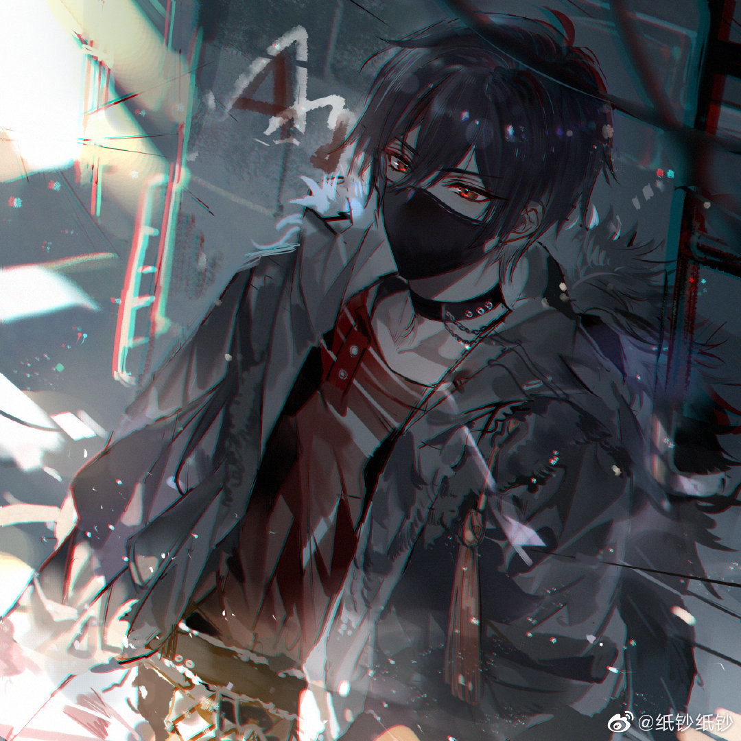nevakuma (fanfanas), ayn alwyn, lovebrush chronicles, chinese commentary, 1boy, alley, black choker, black hair, black mask, choker, collarbone, covered mouth, crew neck, fur-trimmed jacket, fur trim, grey jacket, hair between eyes, jacket, ladder, long sleeves, looking ahead, male focus, mask, mouth mask, open clothes, open jacket, red eyes, red shirt, shirt, short hair, solo, tassel, upper body, watermark, weibo watermark