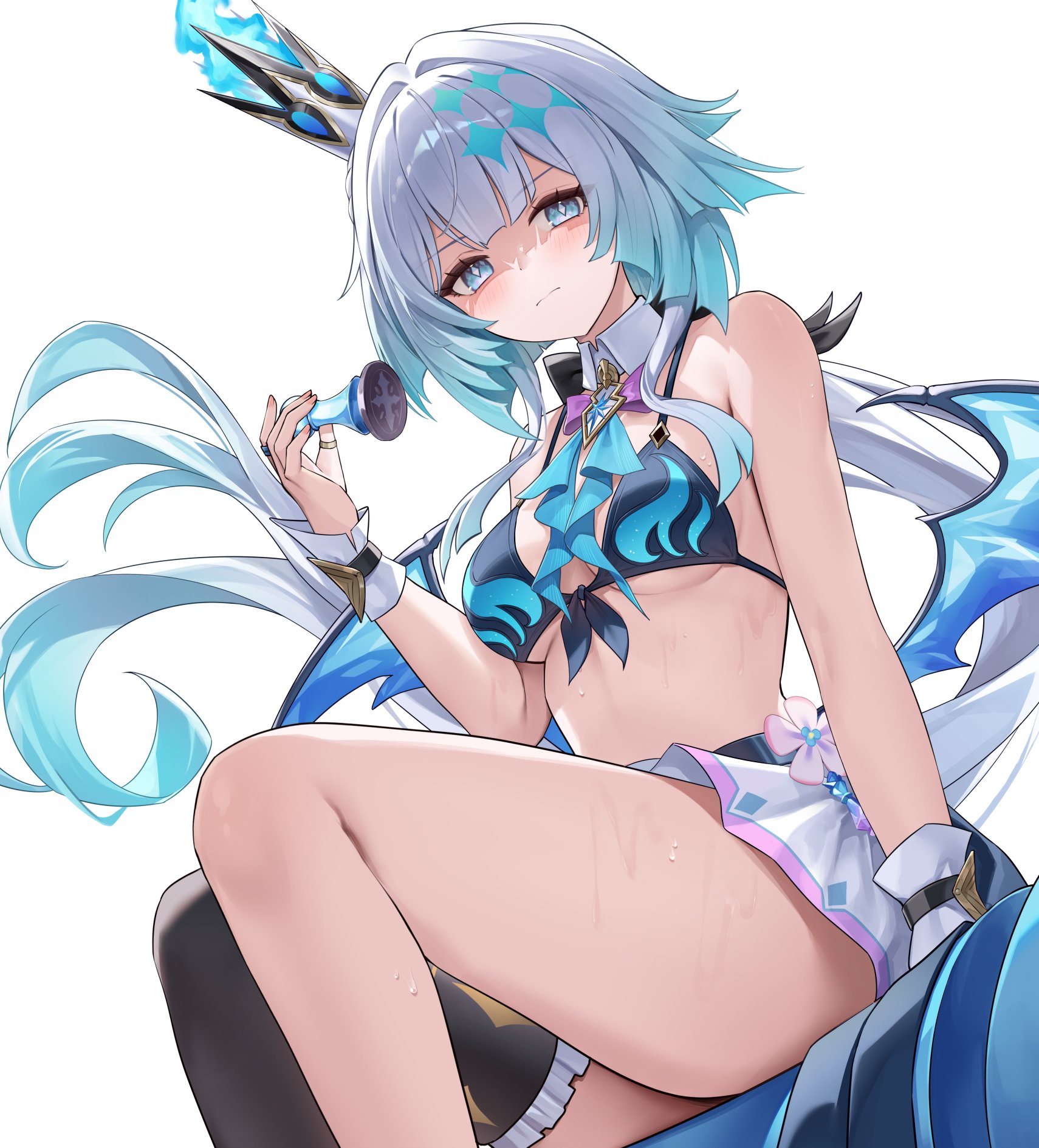 lunacle, cerydra (honkai: star rail), honkai: star rail, honkai (series), commentary, highres, 1girl, bikini, black thighhighs, blue bikini, blue eyes, blue hair, breasts, chess piece, crown, hair intakes, holding, holding chess piece, long hair, looking at viewer, medium breasts, simple background, single thighhigh, solo, stomach, swimsuit, thighhighs, thighs, very long hair, white background, wings