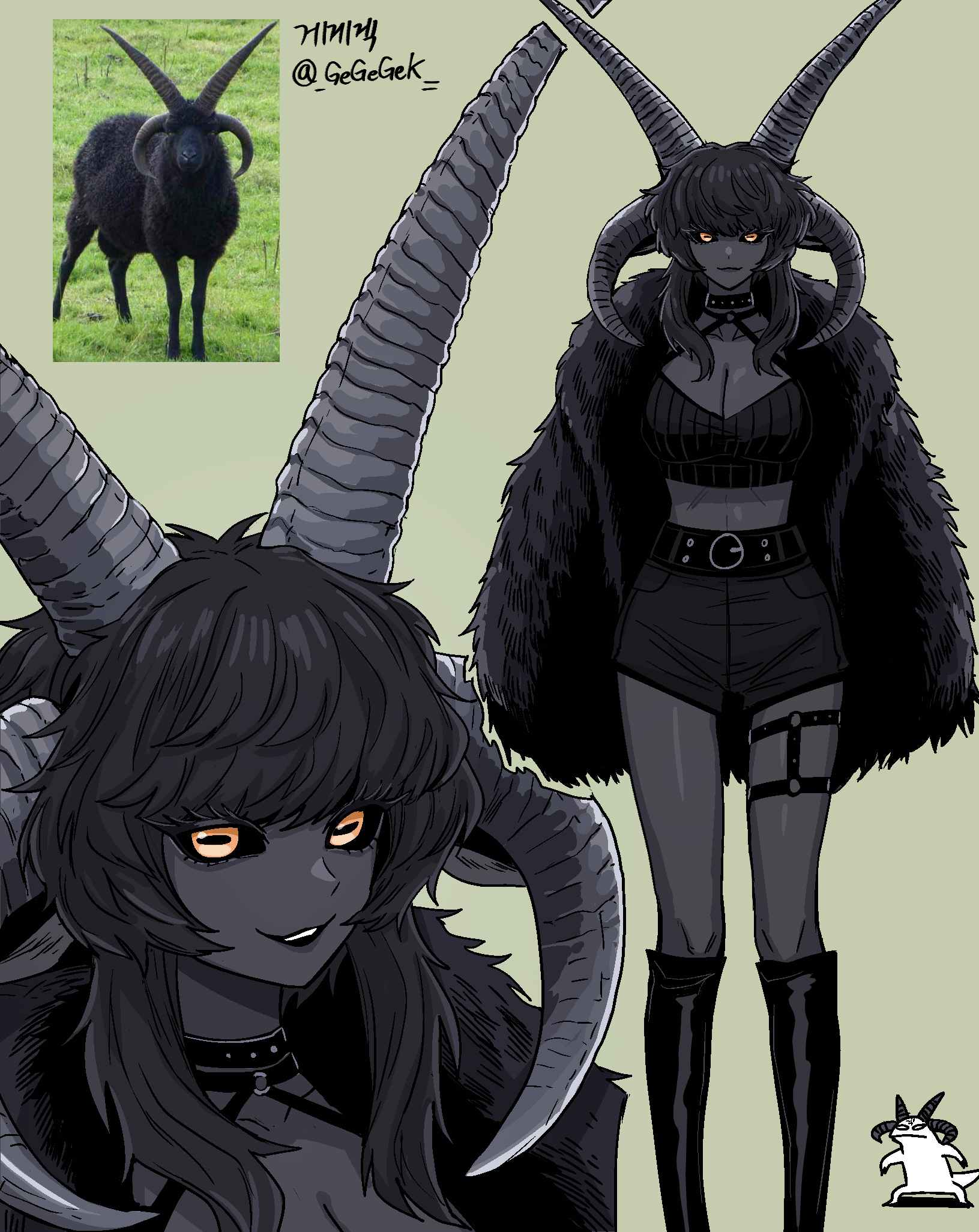 gegegekman, original, highres, 1girl, artist name, belt, black belt, black boots, black choker, black coat, black hair, black horns, black sclera, black shorts, black skin, boots, breasts, choker, cleavage, closed mouth, coat, colored sclera, colored skin, crop top, extra horns, feet out of frame, fur coat, green background, hebridean sheep, horizontal pupils, horns, knee boots, large breasts, long sleeves, looking at viewer, medium hair, midriff, multiple views, open mouth, orange eyes, photo inset, reference inset, sheep, sheep girl, sheep horns, short shorts, shorts, sidelocks, simple background, smile, swept bangs, thigh strap, twitter username