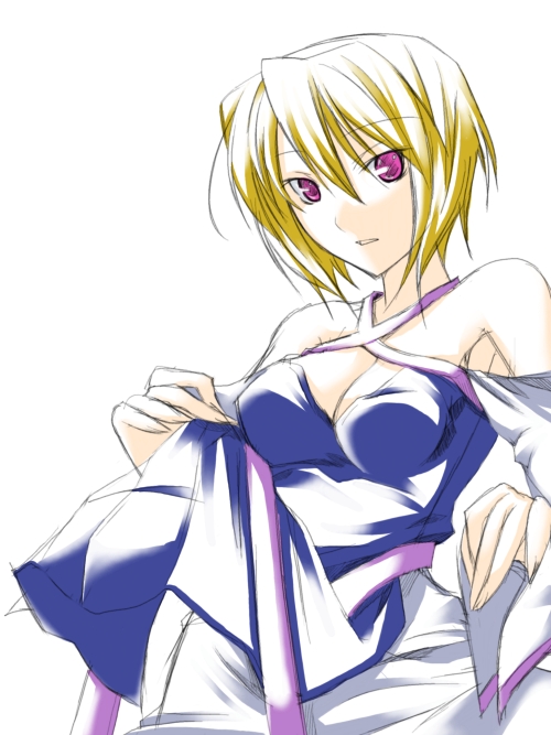 ribi, stellar loussier, gundam, gundam seed, gundam seed destiny, 00s, 1girl, blonde hair, breasts, cleavage, clothes lift, dress, dress lift, female focus, purple eyes, short hair, simple background, solo