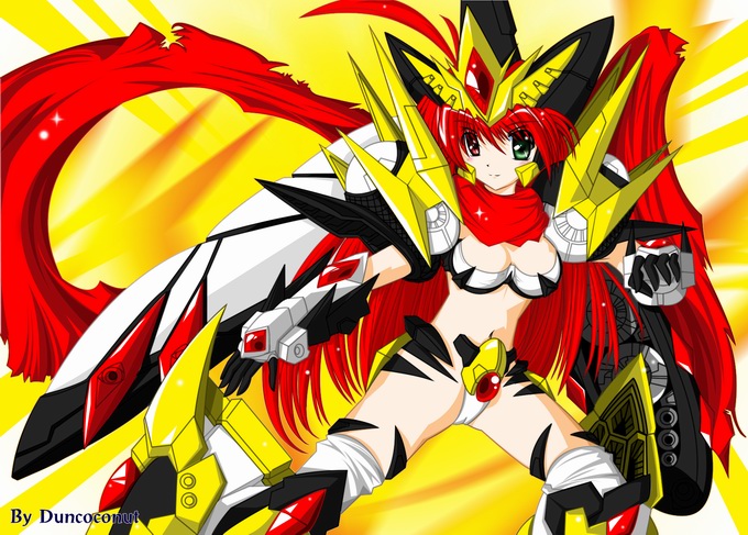 dairaioh, banpresto, super robot wars, green eyes, heterochromia, mecha musume, midriff, red eyes, red hair, solo