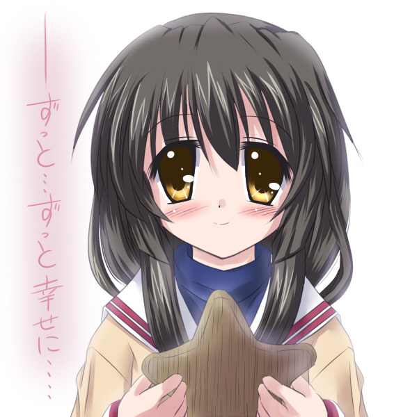 jun (aoerm), ibuki fuuko, clannad, 00s, 1girl, blush, brown eyes, brown hair, female focus, long hair, smile, solo, starfish