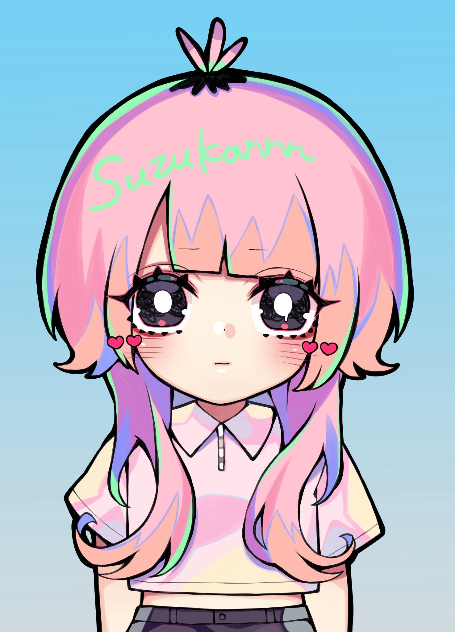 kyouda suzuka, original, hashtag-only commentary, highres, 1girl, :|, antenna hair, artist name, black eyes, blue background, blunt bangs, closed mouth, collared shirt, expressionless, heart, long hair, looking at viewer, mismatched pupils, shirt, short sleeves, solo, upper body, white shirt