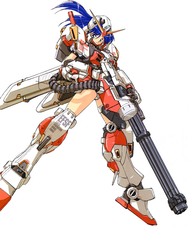 akitaka mika, gundam g05, gundam, gundam side story: from place beyond the blaze, blue hair, gatling gun, green eyes, gun, long hair, mecha musume, solo, weapon