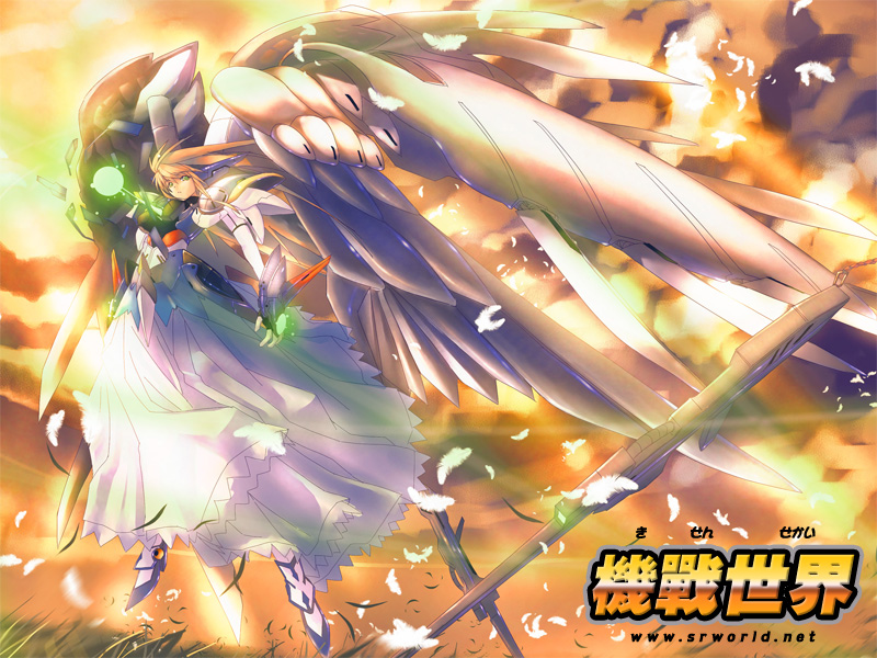ky (nimbusky), wing gundam zero custom, gundam, gundam wing, gundam wing: endless waltz, 1990s (style), 1girl, blonde hair, dress, feathers, female focus, green eyes, long hair, mecha musume, retro artstyle, solo, wing zero custom, wings
